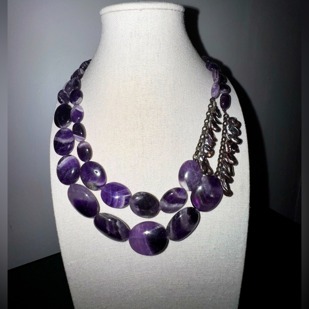 Chevron Amethyst Freshwater Pearl Sterling Silver Necklace